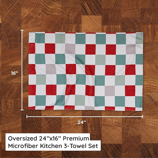 Christmas Kitchen Towels Set of 3 Minty Xmas – Microfiber Waffle Weave Dish Towels 16x24, Super Absorbent & Lint-Free Holiday Kitchen Towels for Drying, Cleaning & Christmas Décor