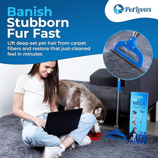 PetLovers EzLint Mega 52" Carpet Rake & Pet Hair Removal Tool – Dog & Cat Hair Remover Broom with Adjustable Handle & Extra Wide Head for Carpets, Rugs & Stairs, Blue
