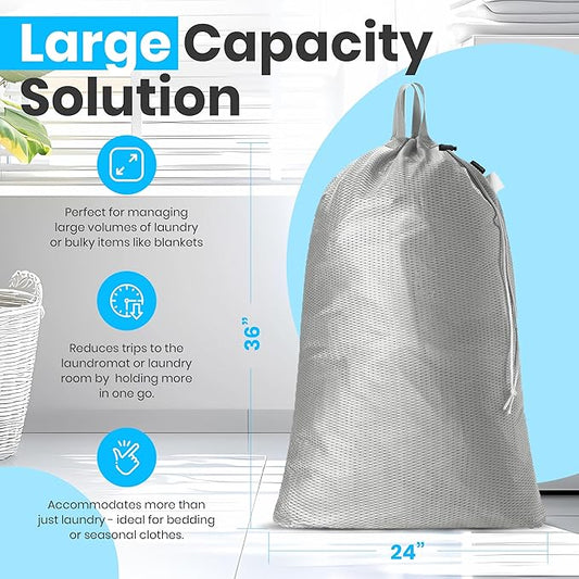 Handy Laundry Mesh Laundry Bag 24 x 36 Inches - Extra Large Heavy Duty Bag with Handles & Shoulder Strap, Breathable, Machine Washable for Dorm, Travel, Bedding & Storage - Grey