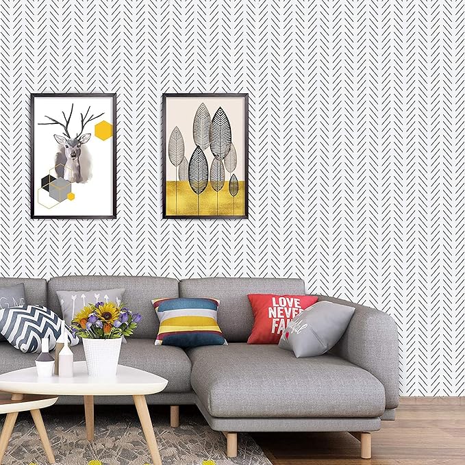 Orainege Black and White Peel and Stick Wallpaper Modern Herringbone Contact Paper for Bathroom 17.7in x 590.5in Geometric Self Adhesive Wallpaper Removable Wall Paper Peel and Stick