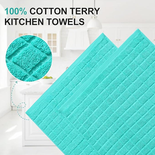 Homaxy Premium Cotton Kitchen Towels 16"x 28", Large Natural Ring Spun 390 GSM Dish Towels, Super Absorbent Terry Kitchen Hand Towels, Soft Tea Towels with Hanging Loop, Pure Aqua Design, 8 Pack