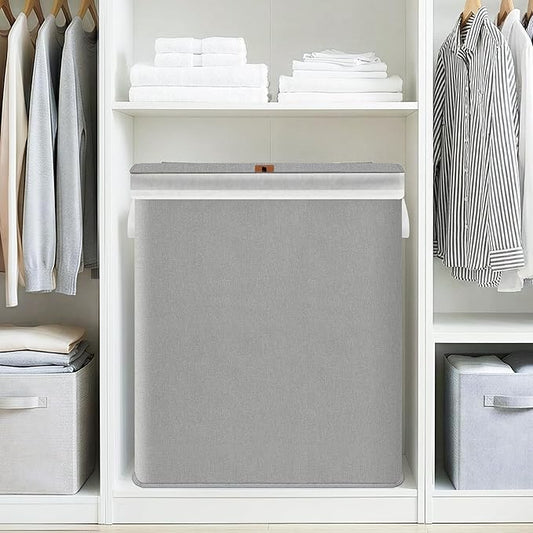 STORAGE MANIAC Double Laundry Hamper with Lid, 140L Tall Metal Frame Laundry Baskets with Removeable Bag, Large Clothes Hamper with PU Tag, Laundry Bin for Dorm, Collage, Bathroom, Bedroom, Gray