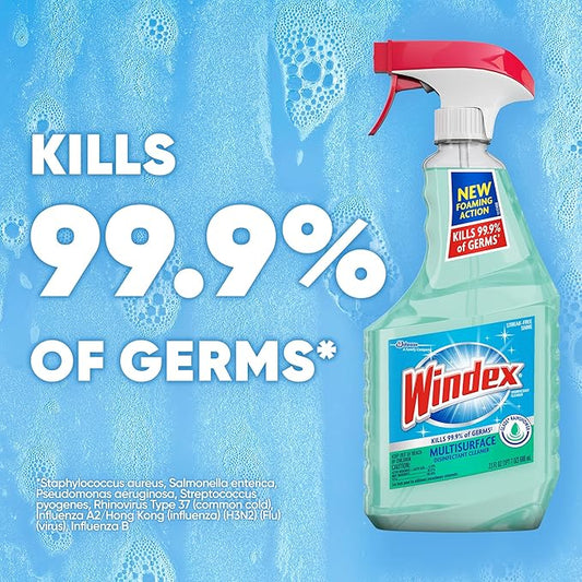 Windex Multipurpose Cleaner Disinfectant Spray Trigger Bottle, New Foaming Action Formula, Surface Cleaning Spray, Glade Rainshower Scent, 32 Fl Oz