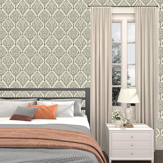 Vintage Khaki Leaf Symmetrical Wallpaper Peel and Stick 17.5" x 118" Simple Beige Floral Pattern Self Adhesive Cantact Paper, Waterproof Removable Vinyl Wall Covering for Bedroom Living Room Cabinet.