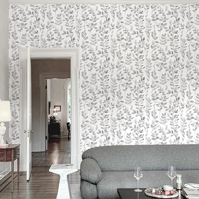 MelunMer Modern Grey Leaf Peel and Stick Wallpaper Boho Gray Contact Paper for Cabinets Self-Adhesive Removable Wallpaper for Bedroom Decor Botanical Contact Paper Bathroom Waterproof 78.8inL17.3inW