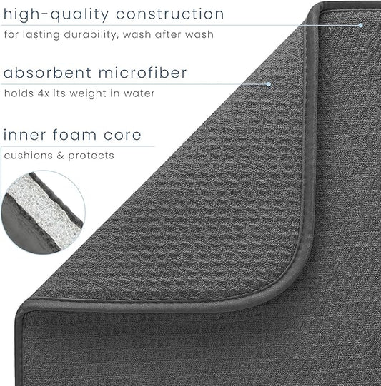 S&T INC. Dish Drying Mat 2 Pack, 16” x 18”, Absorbent Microfiber Kitchen Counter Mat, Dish Drying Pad for Dishes, Utensils, Pots and Pans, Large, Grey and Grey Trellis