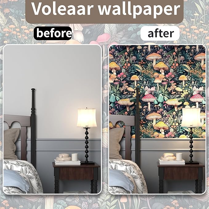 Mushroom Peel and Stick Wallpaper, Colorful Floral Contact Paper, Vintage Floral Woodland Wallpaper Stick on Bathroom Cabinet Drawer, Removable Vinyl Wallpapers Green Orange Red 17.5"x 118"