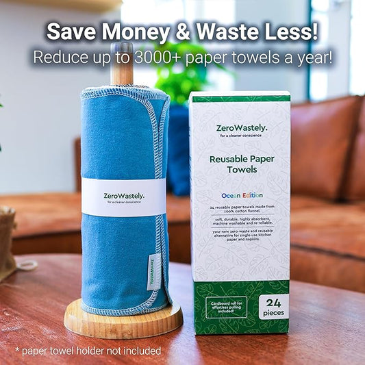Reusable Paper Towels - Value Pack of 24 Paperless Paper Towels! - 100% Cotton, Super Soft, Absorbent, Washable and Made To Last