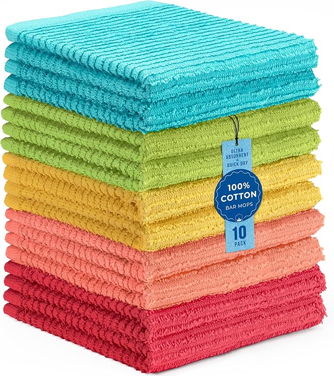 DecorRack 100% Cotton Bar Mop Towels, Kitchen Dish Cloths, Multi-Purpose Cleaning Towels, Ultra Absorbent, Machine Washable, Quick Dry, Pastel Assortment (Pack of 10)