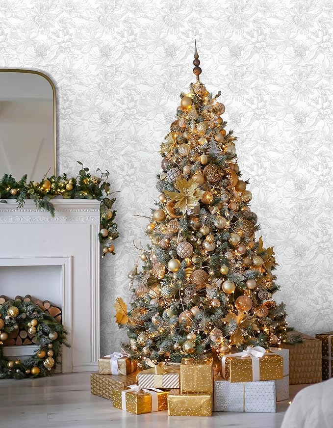 Ismoon Large Floral Peel and Stick Wallpaper Boho White/Grey Contact Paper 17.3inx32.7ft Removable Self Adhesive Bedroom Cabinet Mural Wall Decor Vinyl Roll