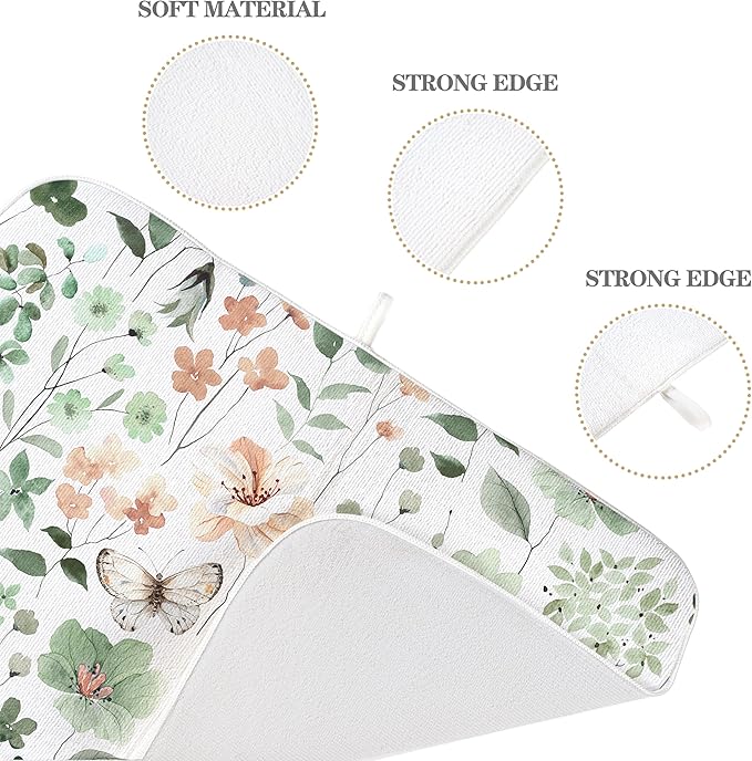 Spring Floral Drying Mat 18x24 Inches For Kitchen Counter Absorbent Summer Watercolor Green Flower Leaf Kitchen Drying Mat Pad For Home Kitchen,Dining Room,Office Decoration