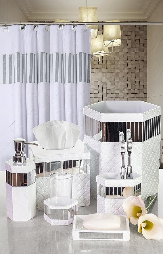 Creative Scents Quilted Mirror Bathroom Toilet Brush Set - White Toilet Bowl Brush and Holder - Good Grip Toilet Bowl Cleaner Brush and Holder - Decorative Compact Toilet Bowl Scrubber