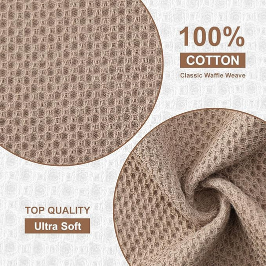 Kitinjoy 100% Cotton Kitchen Dish Cloths (12 X 12 Inches, Tan), 12 Pack Waffle Weave Ultra Soft Absorbent Dish Towels for Drying Dishes Quick Drying Kitchen Towels Dish Rags