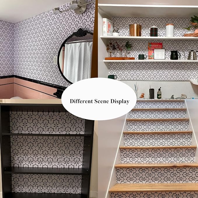 GloryTik Geometry Black/White Textured Wallpaper 17.7x393.7in, Removable Modern Trellis Decorative Contact Paper for Cabinets, Kitchen, Bathroom Walls