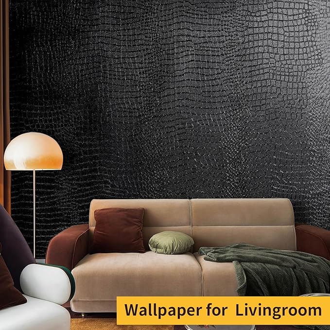 Black Peel and Stick Wallpaper, 15.7'' X 118'' Crocodile Wallpaper Embossed Easy off Self Adhesive Removable Contact Paper Textured for Cabinet Bedroom with Knife Tape Measure (Cismmy 0001)