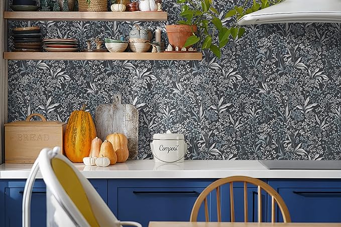 Heroad Brand 17.3''x196'' Blue Peel and Stick Wallpaper Boho Dark Blue Floral Contact Paper Removable Self Adhesive Contact Paper for Cabinets Waterproof Decoration Wallpaper for Walls