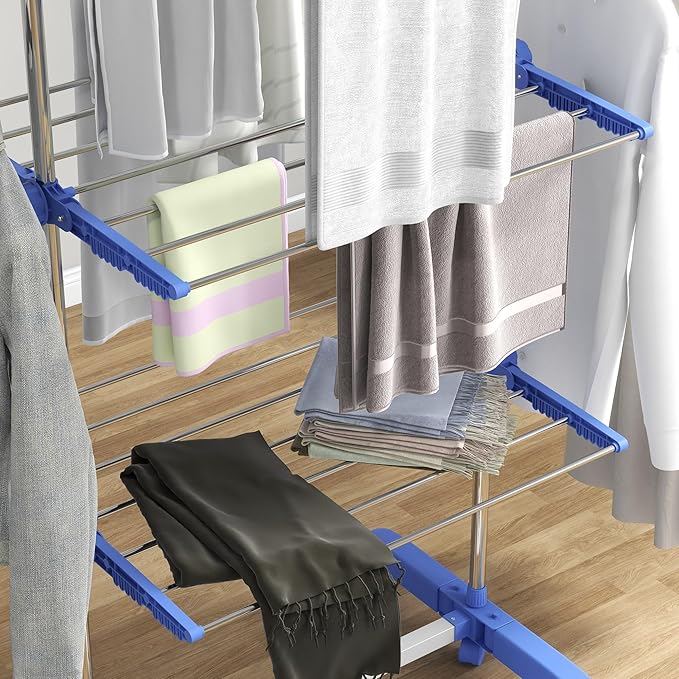 HOMCOM Folding Clothes Airer in Stainless Steel and Plastic, Space-Saving Vertical Drying Rack with 6 Wheels, Hooks and 3 Adjustable Shelves for Indoors, 142 x 55 x 152 cm, Silver Blue