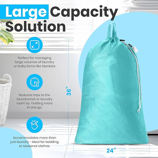Handy Laundry Mesh Laundry Bag 24 x 36 Inches - Extra Large Heavy Duty Bag with Handles & Shoulder Strap, Breathable, Machine Washable for Dorm, Travel, Bedding & Storage - Teal