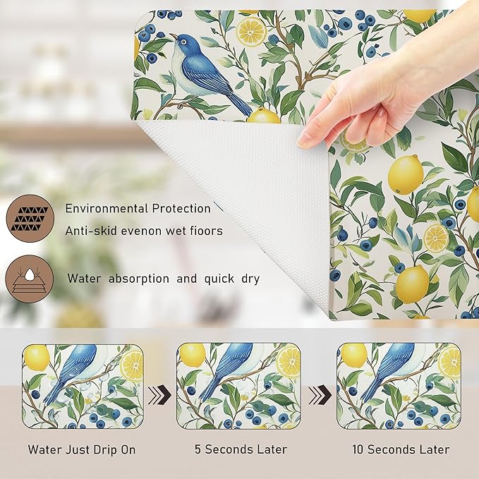 Vibrant Birds Lemon Dish Drying Mat, Summer Lemon Blueberry Tree Coffee Bar Mat for Countertops, Nature Botanical Absorbent Dish Drying Mats for Kitchen Counter Coffee Maker, 16x24 Inch