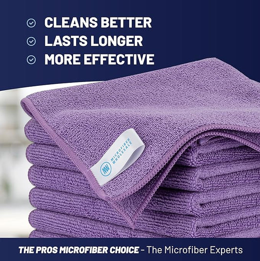 MW PRO Microfiber Cleaning Cloths Purple (12 Pack, 12x12) - Commercial Janitorial Towels & Lint Free Rags - Heavy Duty for Auto Detailing, Glass Windows, Housekeeping & Screens - Washable 300+ Times