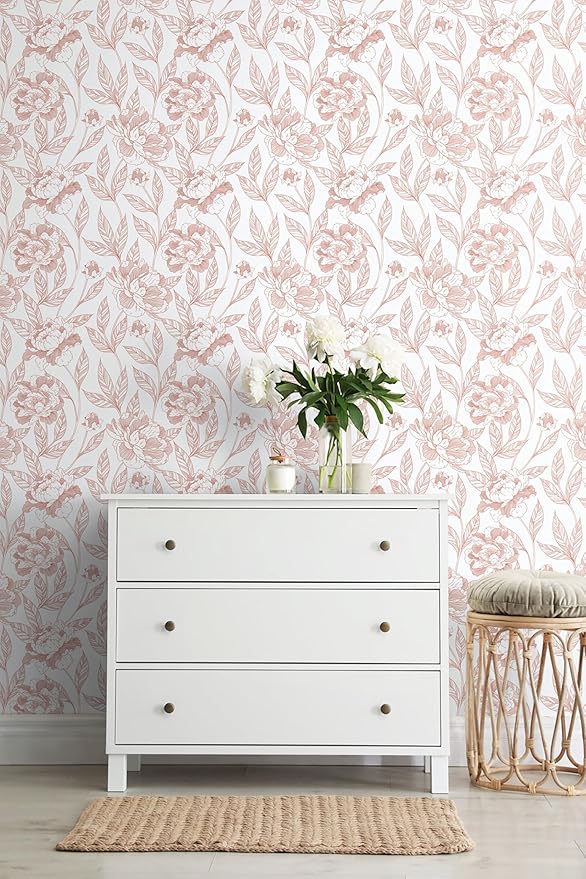 Timeet Pink Floral Wallpaper Peel and Stick Wall Paper Modern for Bedroom Bathroom Removable Self Adhesive Contact Paper 17 in x 78.7 in