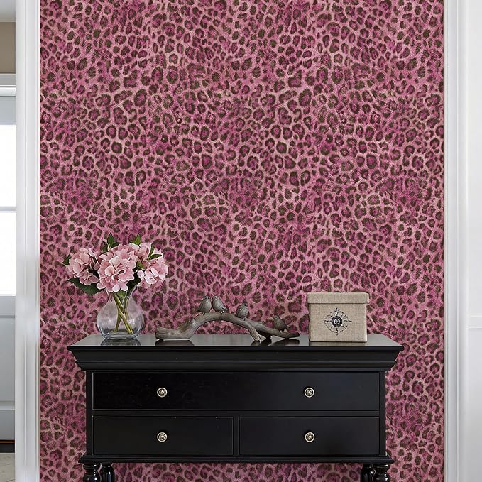 JiffDiff Upgrade Leopard Print Peel and Stick Wallpaper, 17.3" x 400" Waterproof Removable Self Adhesive Wallpaper, Pink Unique Funky Cheetah Contact Paper for Bedroom, Bathroom, Decor