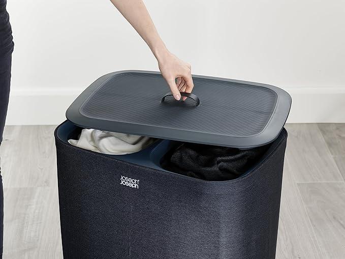 Joseph Joseph Tota 90 liter/23.8 gallon Laundry Hamper Separation Basket with lid, 2 Removable Washing Bags with Handles - Dark Blue