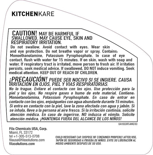 FILA Surface Care Solutions, KITCHENKARE, Heavy Duty Degreaser Cleaner for Kitchen, Grill, Oven, Fireplace; BBQ Cleaner Spray, Desengrasante de Cocina, Degreasing Detergent Bike Chain, 24OZ