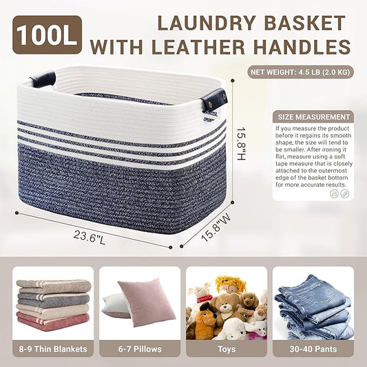 100L Extra Large Laundry Basket with Leather Handles for Living Room Storage,Woven Rope Baskets for Blanket,Kids Toy,Gifts,Wicker Hamper for Bedroom Dirty Clothes,24"x16"x16" Denim Blue