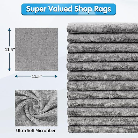 FIXSMITH Shop Towels, Pack of 100, Grey Microfiber Cleaning Cloth Bulk, Microfiber Towels for Cars, All-Purpose Absorbent Cleaning Rags, Dust Cloth for Automotive, Mechanic, Garage, 11.5 x 11.5 inch
