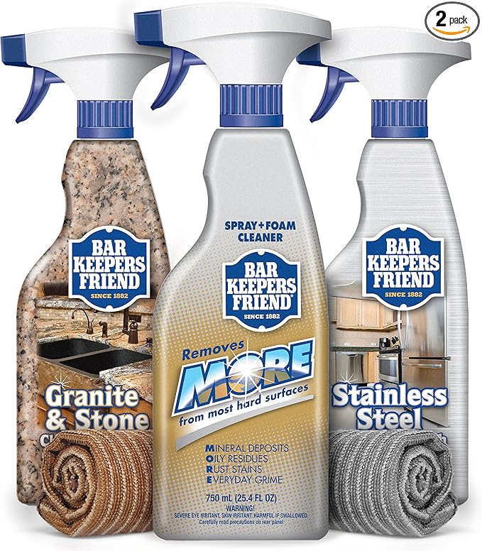 Bar Keepers Friend All Purpose Bundle - with Granite & Stone Cleaner & Polish (25.4 oz), Stainless Steel Cleaner & Polish (25.4 oz), MORE Spray & Foam Cleaner (25.4 oz), Granite & Stone Microfiber Cloth (1), Stainless Steel Microfiber Cloth (1)