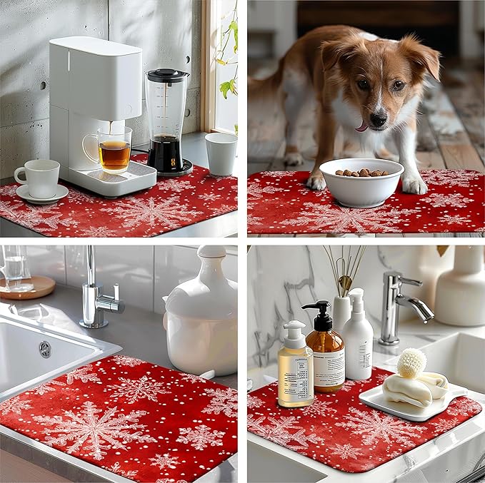 Christmas Dish Drying Mat for Kitchen Counter 18x24 Inch Red Snowflake Xmas Drying Pad Winter Holiday Dish Draining Mat Absorbent Microfiber Dish Drainer Rack Mat for Coffee Bar Kitchen