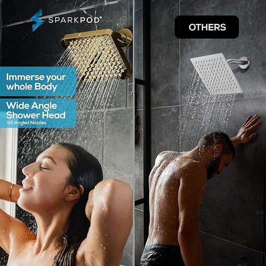 SparkPod Shower Head - High Pressure Rain - Premium Quality Luxury Design - Easy Clean Adjustable Replacement for Your Bathroom Shower Heads (Egyptian Gold, 8 Inch Square)