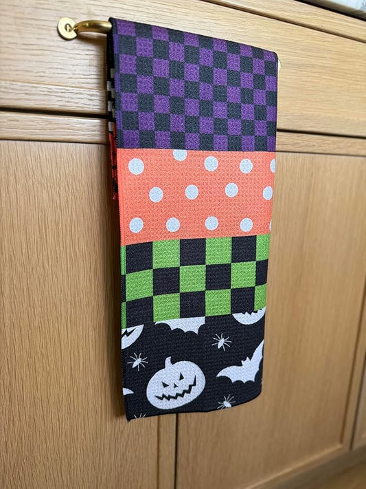 || 3 Pack|| Double Sided Dish Towels || Waffle Weave Microfiber || Tea Towels || Highly Absorbent || Hanging Loop || Dish Cloths || Modern || Designer Prints (Halloween Multi)