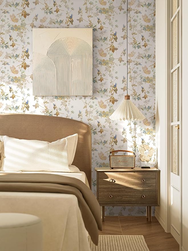 Dimoon 78.7"x17.3" Peel and Stick Wallpaper Floral Beige White Boho Contact Paper Brown Wallpaper Removable Self Adhesive Waterproof Wall Paper Bedroom Bathroom Kitchen Thicken Vinyl Roll