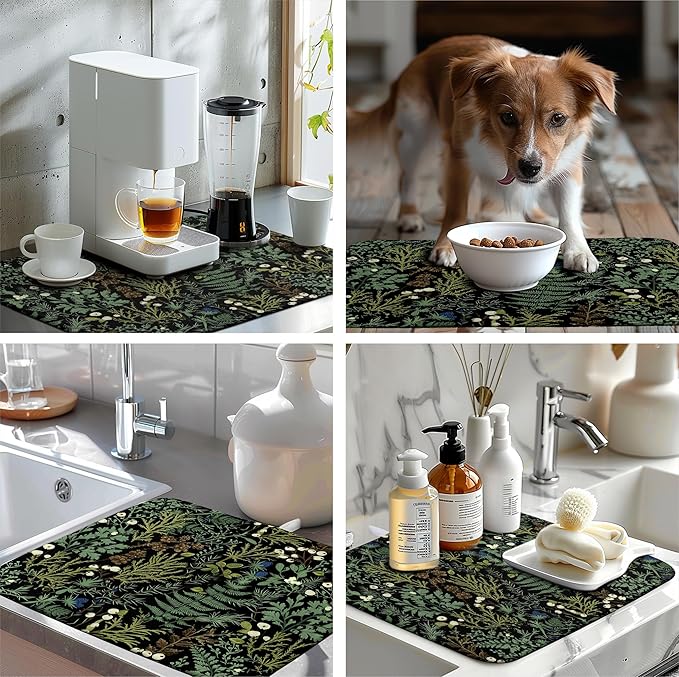 Black Sage Green Plant Dish Drying Mat for Kitchen Counter Vintage Botanic Fern Leaves Floral Dish Drainer Mats Absorbent Microfiber Dishes Pad Reusable Washable Large Dish Draining Mat 18x24 Inch