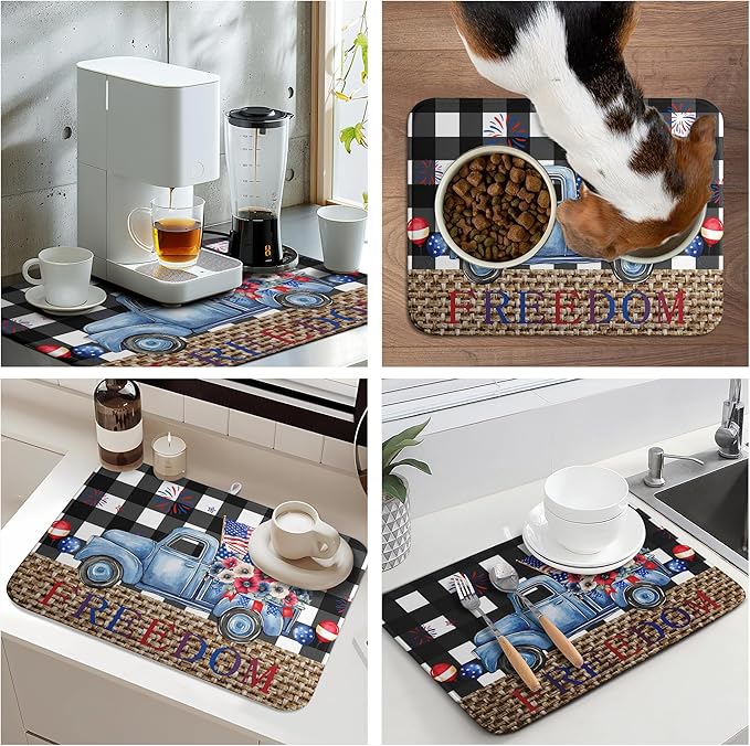 4th of July Buffalo Plaid Dish Drying Mat Patriotic Large Kitchen Mat Dish Drying Pad Absorbent Dish Dryer Mat for Kitchen Countertops Microfiber Drainer Pad Dish Drying Rack Mat (18x24 in)