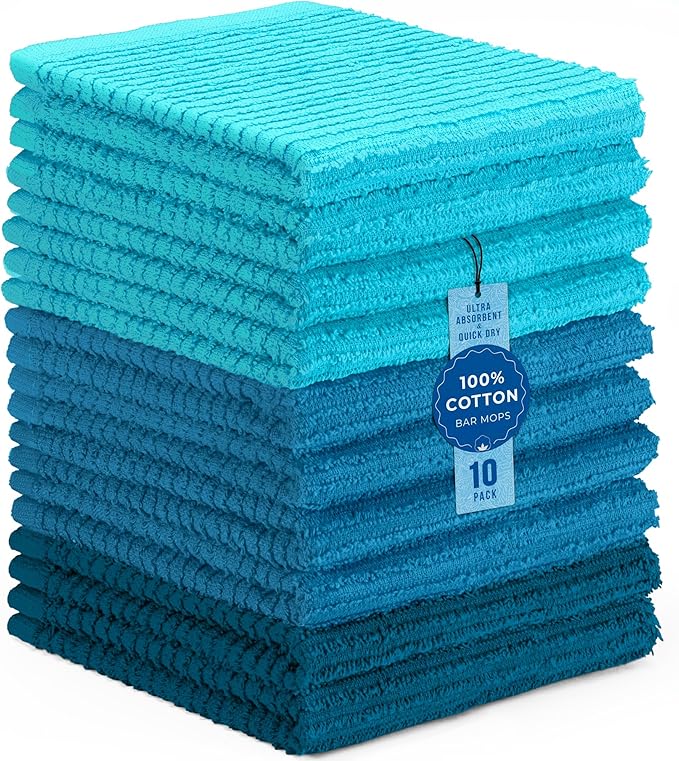 DecorRack 10 Pack 100% Cotton Bar Mops, 12 x 12 inch Kitchen Dish Cloths, Multi-Purpose Cleaning Towels, Ultra Absorbent, Machine Washable, Quick Dry, Turquoise (Pack of 10)