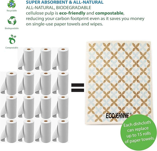 Wholesale EcoJeannie Eco-Friendly German Cleaning Cloth 100% Biodegradable Cellulose Sponge Cloths, Kitchen Cloths, GMO-Free, Reusable - Made in Germany Packaged in P.R.C. (8 Pack)