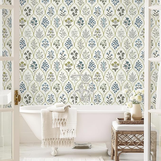 Dimoon 78.7"x17.3" Peel and Stick Wallpaper Contact Paper Floral Modern Removable Wallpaper Beige Wall Paper Self Adhesive Boho Contactpaper for Cabinets Drawers Blue Vintage Bedroom Thicken Vinyl