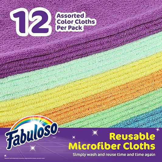 Fabuloso Microfiber Cleaning Cloths for Home & Car, Lint-Free Scratch-Free Rags for Glass, Kitchen & Wood, Reusable Machine Washable, Absorbent for Dusting & Wiping, Rainbow, 13 x 13 in, 12 Count