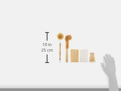 Tieralia Bamboo Dish Brush Gift Set – 5-Piece Kitchen Cleaning Set with Bottle Brush, Round Scrub Brush, Palm Brush & 2 Plant-Based Sponges | Wooden Handle Cleaning Tools for Dishes & Surfaces