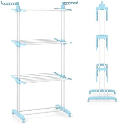 Tangkula 4-Tier Foldable Clothes Drying Rack, Oversized Drying Rack w/Lockable Wheels & Rust-Proof Metal Frame, Indoor Outdoor Large Drying Hanger w/Adjustable Gullwings, Movable Laundry Hanger