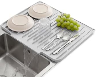 Silicone Dish Drying Mat for Kitchen Counter, Foldable & Heat Resistant Drying Pad with 5° Slope & Wide Drain, 15x12 Inch Non-slip Sink Mat for Bathroom and Countertop.(Light Grey）