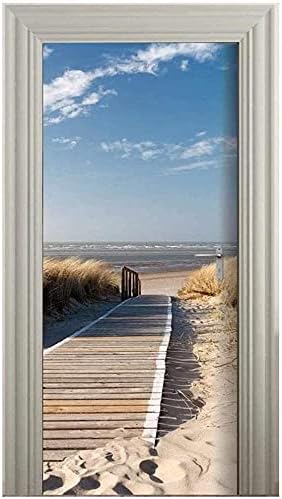 Door Wallpaper Self-Adhesive Poster 3D Picture - Bridge to The Sea Film Photo Premium PVC Waterproof Sticker Wall for Bedroom Living Room Decoration