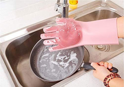 Silicone Dishwashing Gloves, Pet Grooming Rubber Scrubbing for Dishes, Sponge Wash Cleaning with Scrubbers (13.6" L)