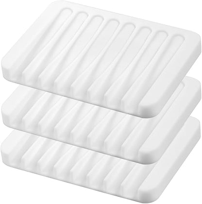 3PCS Self Draining Soap Holder, Premium Silicone Soap Dish, Soap Saver for Shower, Bathroom, Kitchen, Bath Tub, Sponges,Keep Soap Bars Dry Clean,Easy Clean,Extend Soap Life (White)