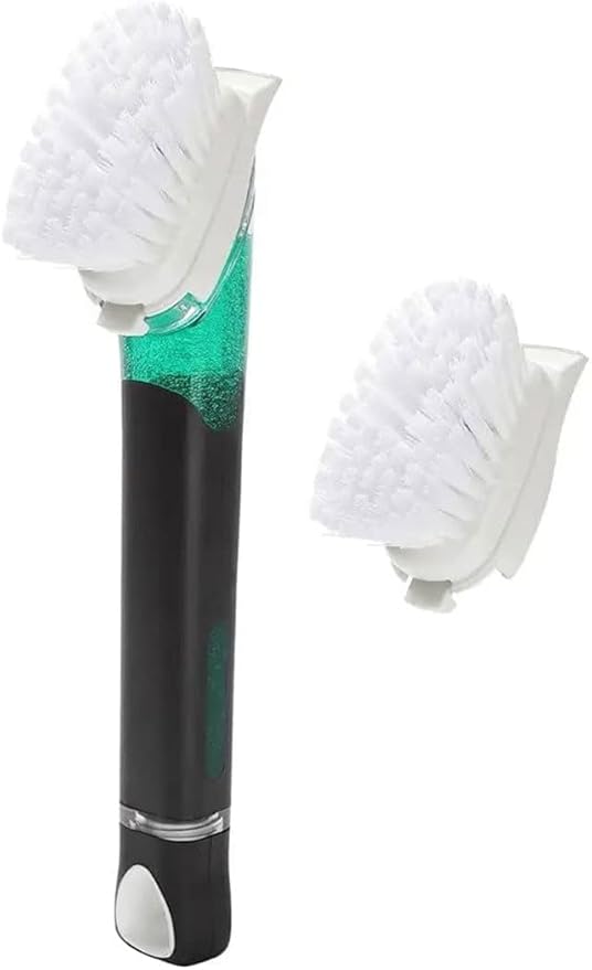 Smilyeez Soap Dispensing Dishwand (Black) with Ergonomic Handle and 2 Interchangeable Brushes - Effortless Cleaning and Long-Lasting Durability - Kitchen and Dishwashing Essential