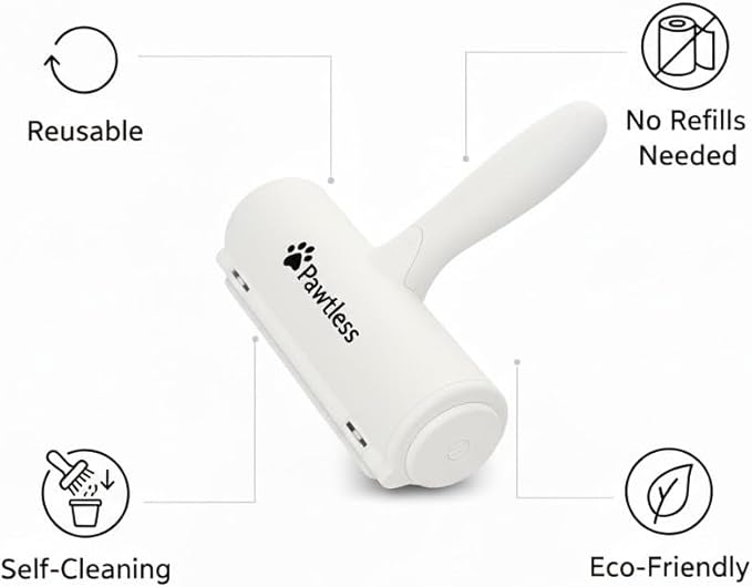 Pet Hair Remover White - Reuseable Dog & Cat Hair Remover for Furniture, Clothes, Carpet, Car interiors- Eco-Friendly Lint Roller with Self-Cleaning Chamber- No Adhesive, No Refills Needed