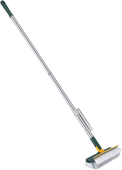Multi-Purpose Long Handle Floor Scrub Brush with Squeegee, Stiff Bristles Bathroom Floor Scrubber for Shower and Carpet Cleaning, Green Household Cleaning Brush